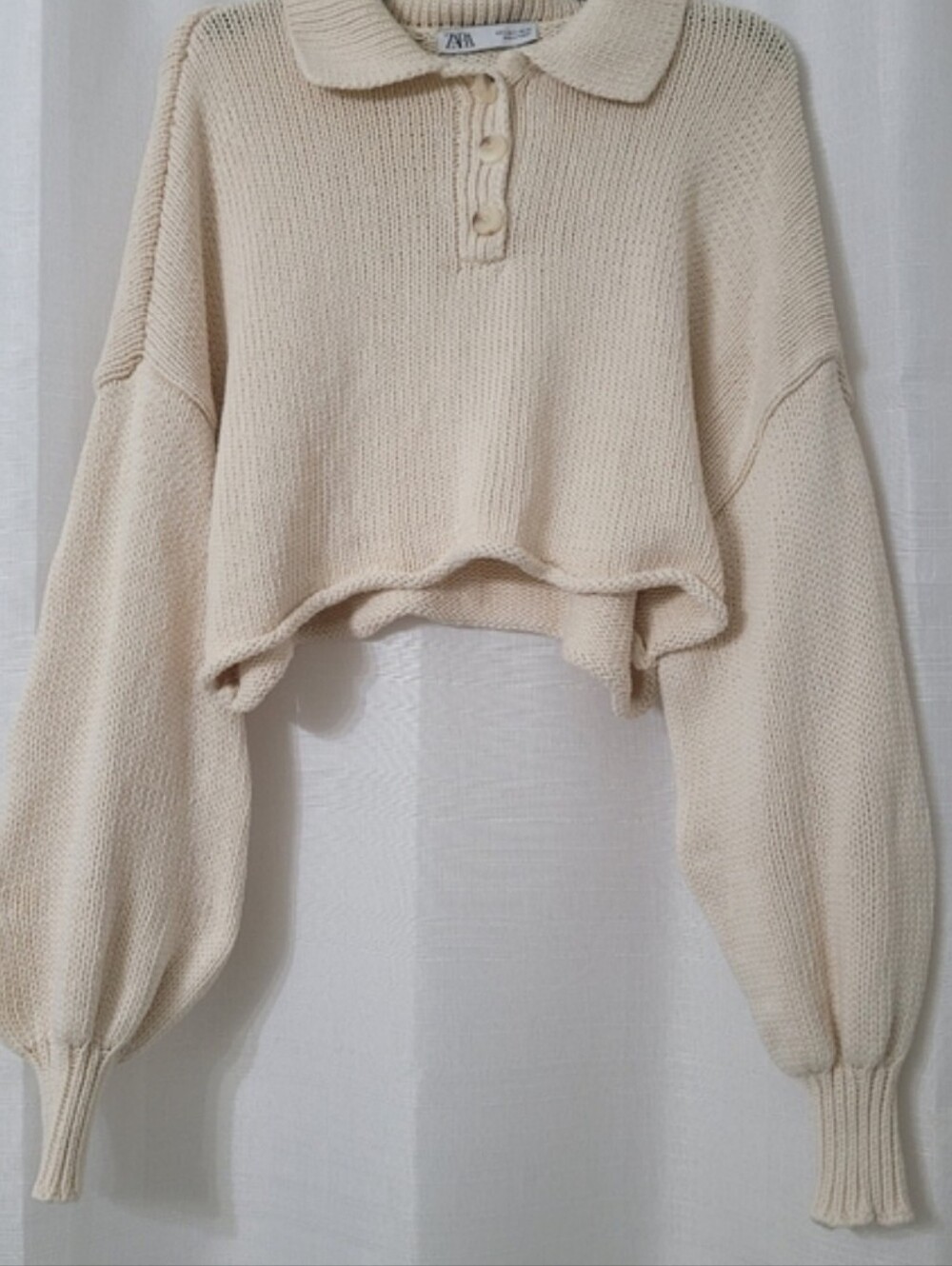 ZARA Cropped Cream Balloon Sleeved Polo Collar KnitSweater Sz Small - Picture 4 of 8